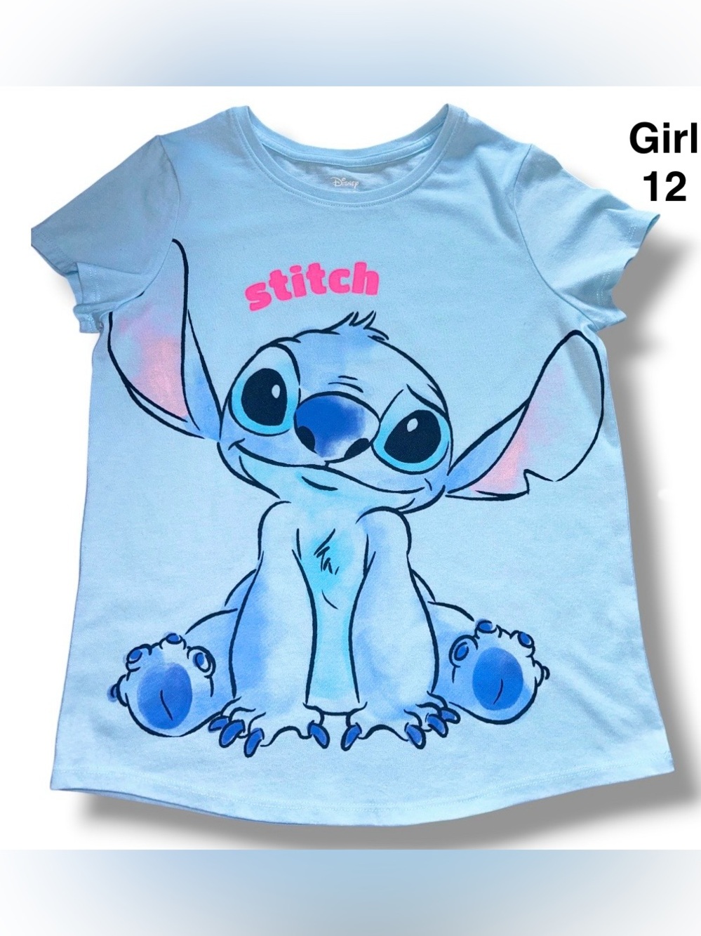 Disney Light Blue Stitch Graphic Tee with Pink Logo size 12